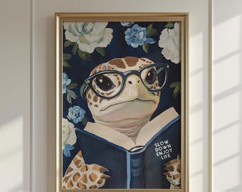 Sea Turtle Reading Enjoy Life Art Print - Funny Literary Animal Wall Blue Decor
