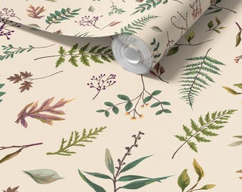 Botanical Leaves Cabin in the Woods Wallpaper in Ivory, Rustic Cabin Decor, Forest Leaves - Peel and Stick or Traditional
