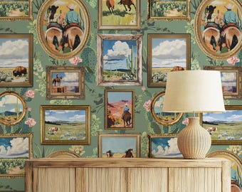 Western Life Cactus in Green Wallpaper, Cowboy, Southwestern Desert Decor, Vintage Ranch, Removable Wallpaper Peel and Stick or Traditional
