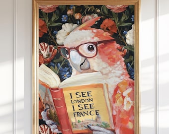 Quirky Parrot Bathroom Wall Art Print: &#39;I See London, I See France&#39; Funny Animal Decor