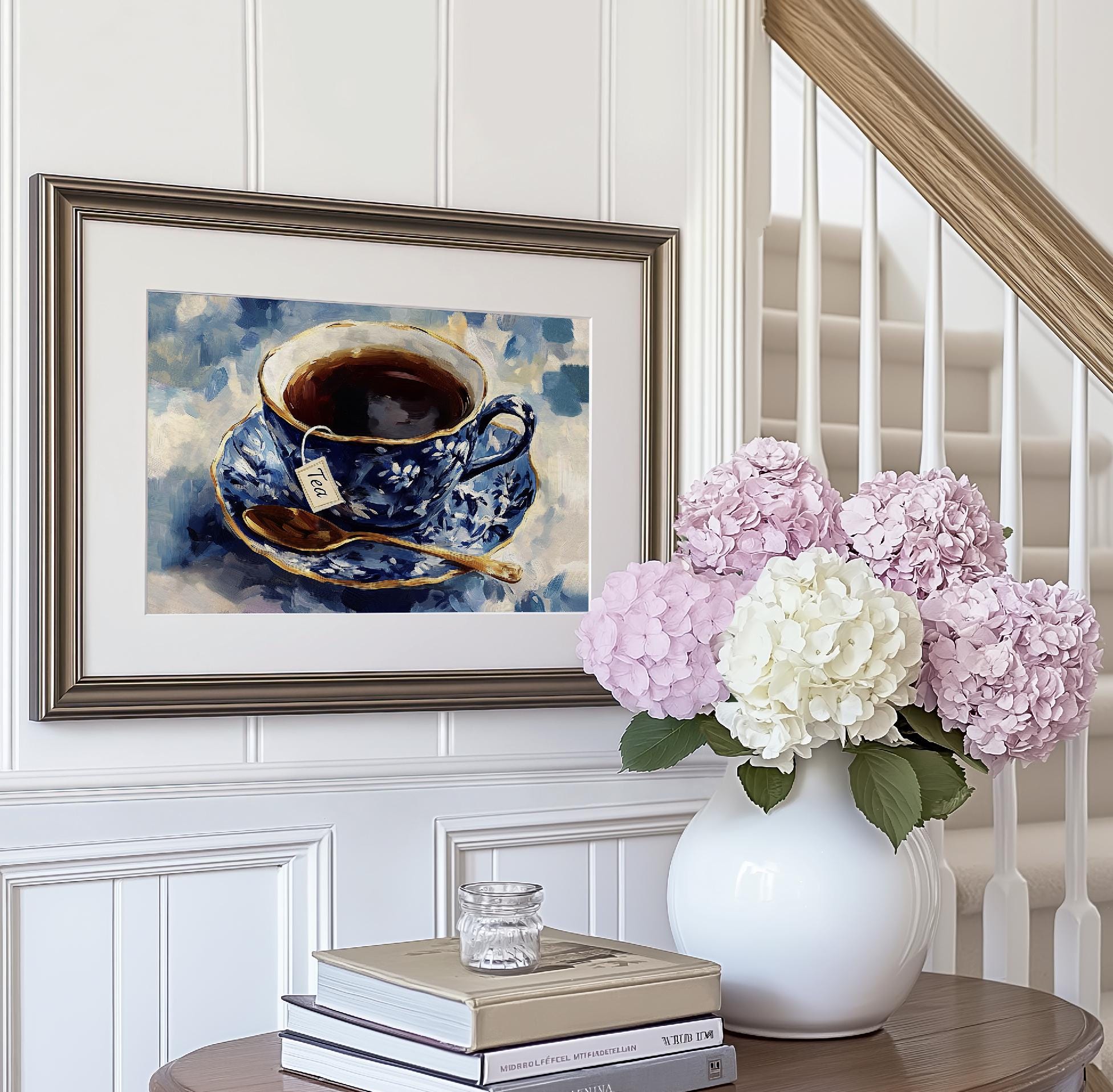 Blue Tea Poster Elegant Tea Lovers Art Print: Blue Floral Kitchen Wall Decor - Unframed ...