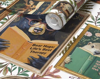 Woodland Animals Reading Wallpaper in White - Peel and Stick or Traditional