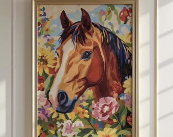 Floral Horse Art Print | Botanical Equestrian Wall Decor | Farmhouse Animal Nature Poster