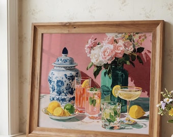 Grandmillennial Wall Art Floral Cocktail Print Vintage Preppy Decor Maximalist Kitchen Bar Cart Art Chinoiserie Style Drink Poster