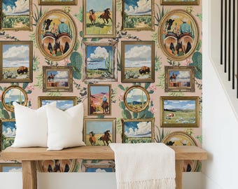 Western Life Cactus in Dusty Coral Wallpaper, Cowboy, Southwestern Desert Ranch, Removable Wallpaper Peel and Stick or Traditional