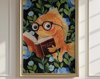 Whimsical Fish Reading Poster - Funny Ocean-Themed Wall Art for Bathroom, Office, Beach House