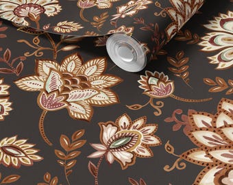 Bohemian Whimsy Floral Cocoa Brown Wallpaper - Peel and Stick or Traditional