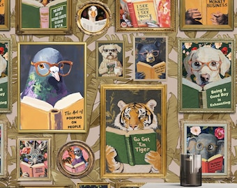 Whimsical Animal Reading Wallpaper VERSION 2 - Peel and Stick Mural for Bathroom, Office, Playroom Decor