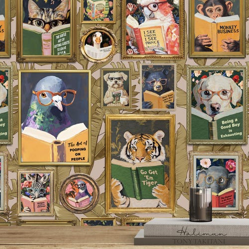 Whimsical Animal Reading Wallpaper VERSION 2 - Peel and Stick Mural for Bathroom, Office, Playroom Decor