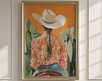 Orange Cactus Cowgirl Wall Art Print | Western Desert Boho Southwestern Rustic Home Decor Poster