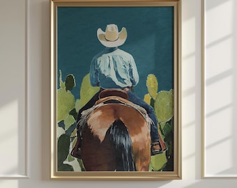 Cowboy Horse Western Art Print | Rustic Ranch Wall Decor | Equestrian Home Artwork | Vintage Style Poster