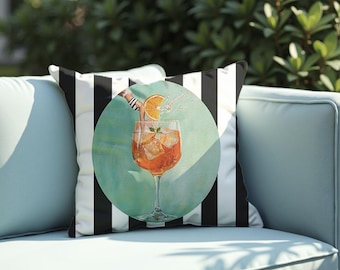 Vibrant Aperol Spritz Retro Art Print: Bar Decor Cocktail Throw Pillow with Jumping Girl Black and White