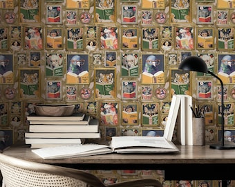 SMALL Whimsical Animal Reading Wallpaper VERSION 2 - Peel and Stick Mural for Bathroom, Office, Playroom Decor