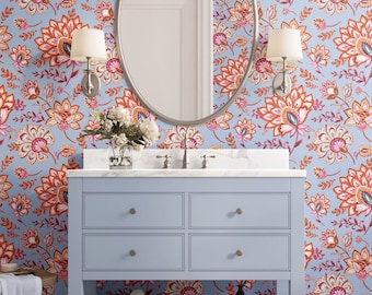 Bohemian Whimsy Floral Sky Preppy Blue Wallpaper - Peel and Stick or Traditional