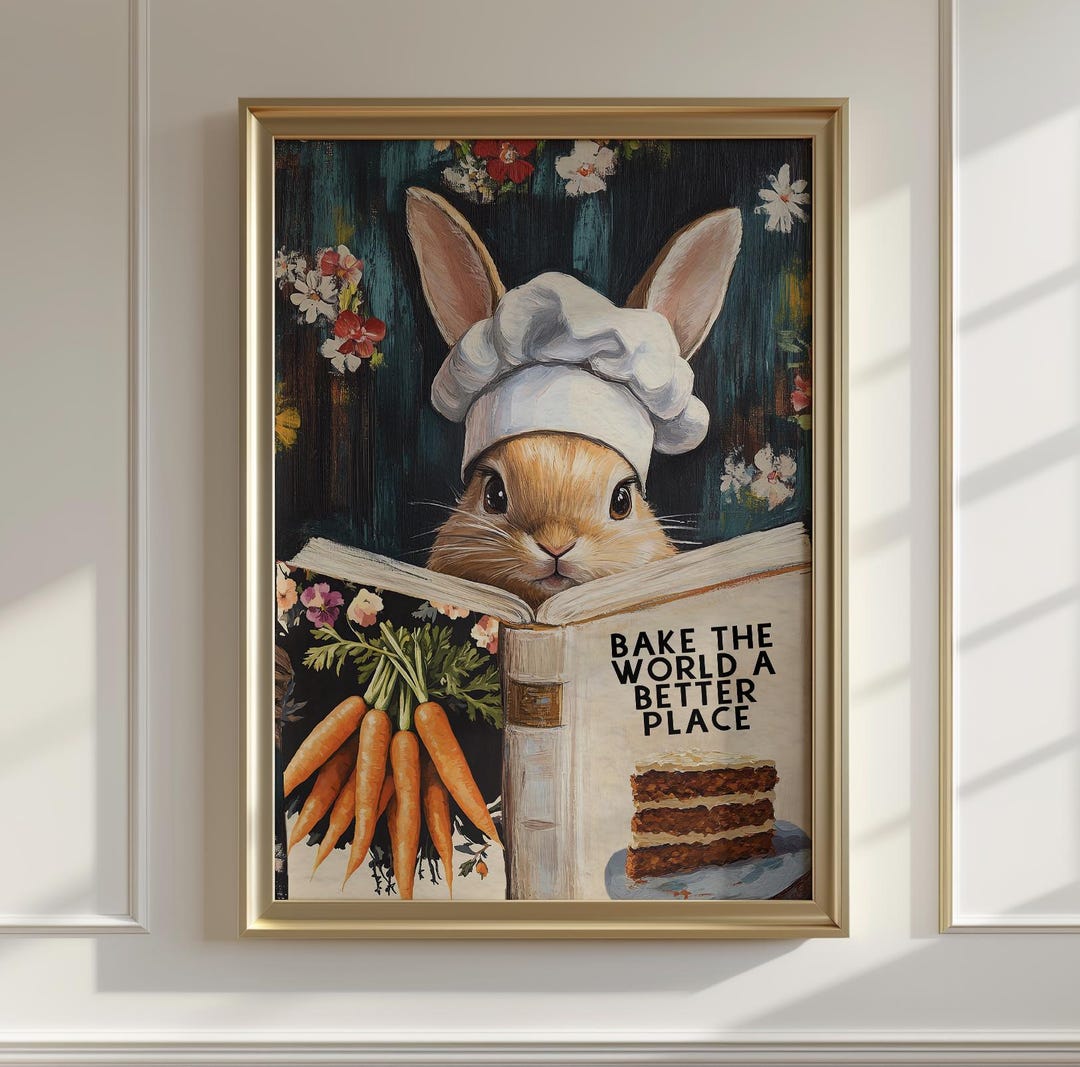 Whimsical Rabbit Reading “bake the World a Better Place” – Funny ...