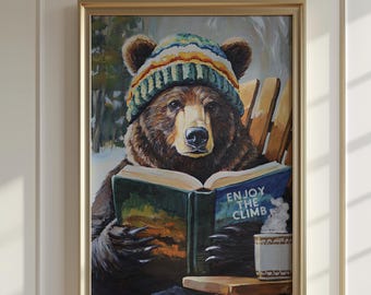 Bear Reading Book Ski Art Print | Cozy Winter Cabin Wall Decor