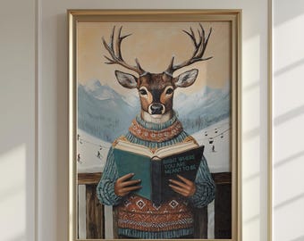 Deer Reading Art Print | Ski Lodge Wall Decor Winter Cabin Poster Mountain House Alpine Gift