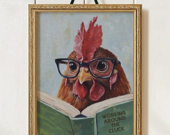 Funny Chicken Reading Wall Art - Whimsical Farmhouse Kitchen Decor Print for Book Lovers