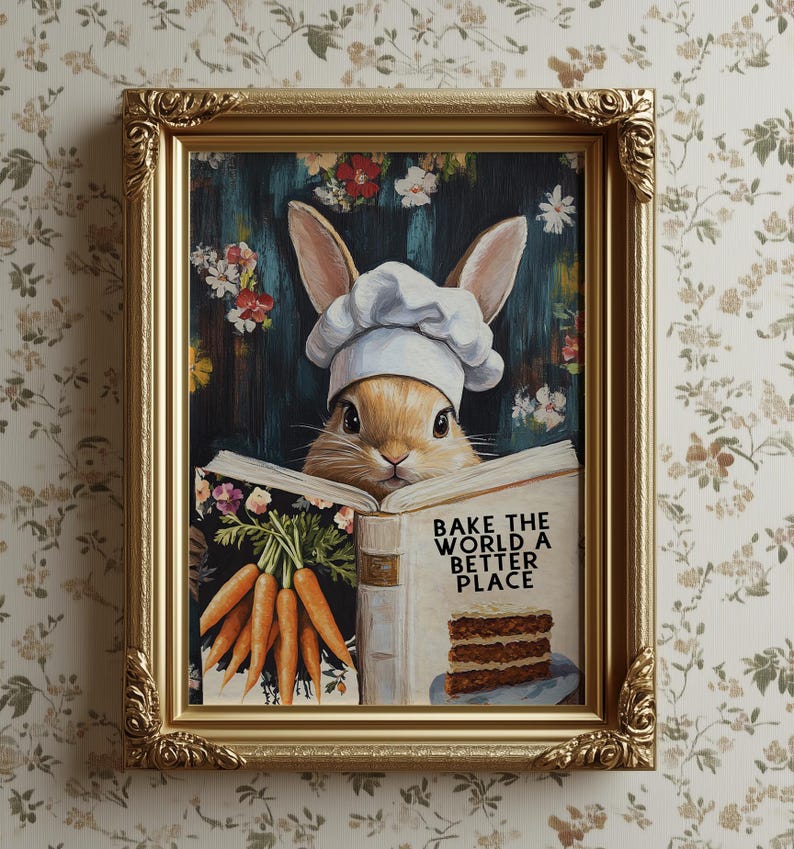 Whimsical Rabbit Reading “bake the World a Better Place” – Funny ...