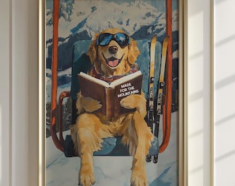 Dog on Ski Lift Mountain Art Print | Funny Winter Lodge Wall Decor | Apres Skiing Cabin Poster Gift