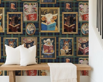Animals Reading Cowboy Wallpaper, Western Whimsical Animal Wallpaper, Storybook Wall Decor, Removable Peel and Stick or Traditional
