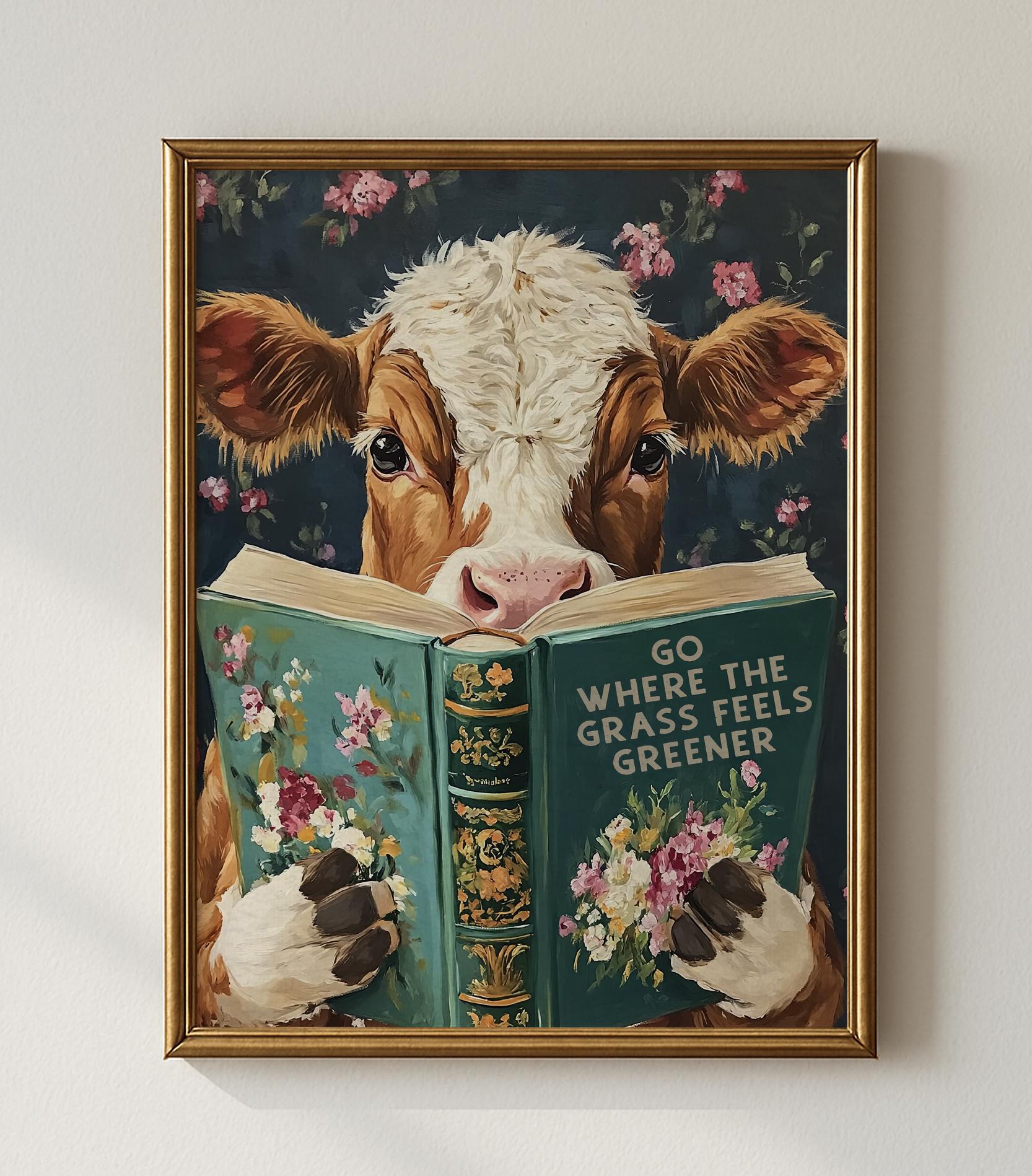 Whimsical Cow Reading Book – Funny Farm Kitchen Wall Art - Rustic Decor ...