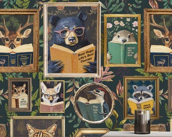 Woodland Animals Reading Wallpaper in Blueish Green - Peel and Stick or Traditional