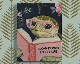 Sea Turtle Reading Enjoy Life Art - Funny Literary Animal Wall Decor Canvas