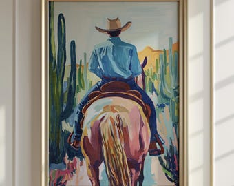 Cowboy Riding a Horse Wall Art | Western Desert Decor | Ranch Cowboy Horse Print | Rustic Home Wall Decor | Equestrian Western Art