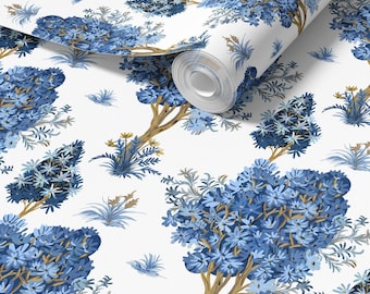 Ornamental Blue Trees in White, Chinoiserie Floral Trees Wallpaper - Peel and Stick or Traditional