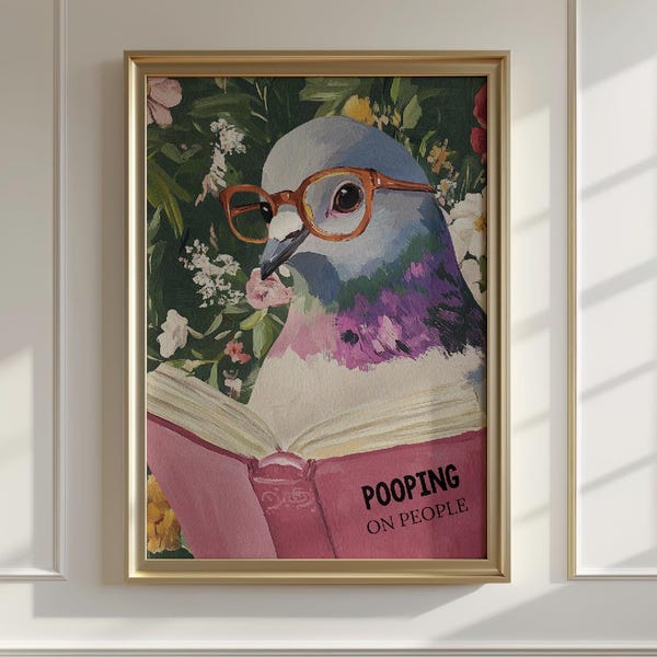 Humorous Pigeon Reading Bathroom Art Print: Quirky Home Decor for Wall, Cheeky Animal Poster