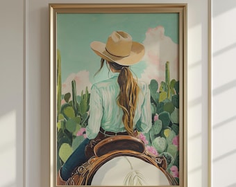 Cowgirl Riding Horse Cactus Print | Western Desert Wall Art | Boho Equestrian Decor | Southwestern Ranch Poster