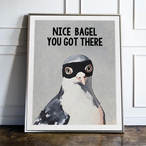 Humorous Pigeon Stealing Bagel Art Print - Quirky Bathroom Decor, Trendy Kitchen Wall Poster for Bird Lovers