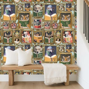 Coastal Blue Whimsical Animal Reading Wallpaper VERSION 2 - Peel and Stick Mural for Bathroom, Office, Playroom Decor