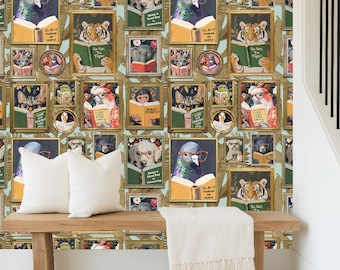 Coastal Blue Whimsical Animal Reading Wallpaper VERSION 2 - Peel and Stick Mural for Bathroom, Office, Playroom Decor