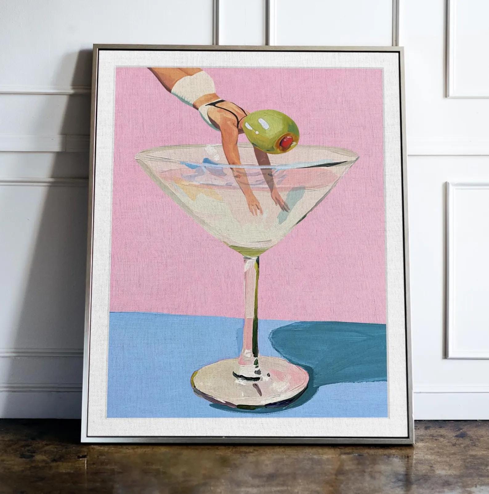 Whimsical Martini Olive Girl Dive Large Art Print - 24x36 / 20x30