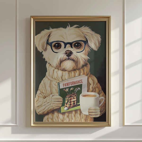 Witziger Hund beim Golf Lesen Magazin Kunstdruck: Quirky Pet Decor