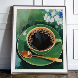 Elegante Kaffee Liebhaber Kunstdruck: Grünes Blumen Küchen Dekor - Ungerahmtes trendiges Poster