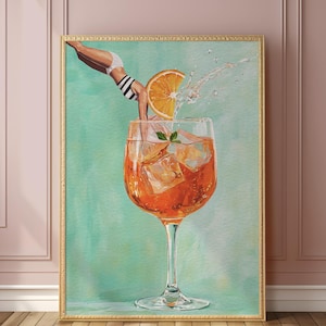 Vibrant Aperol Spritz Retro Art Print: Bar Decor Cocktail Poster with Jumping Girl (Frame Not Included)