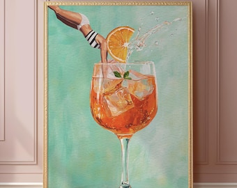 Vibrant Aperol Spritz Retro Art Print: Bar Decor Cocktail Poster with Jumping Girl (Frame Not Included)
