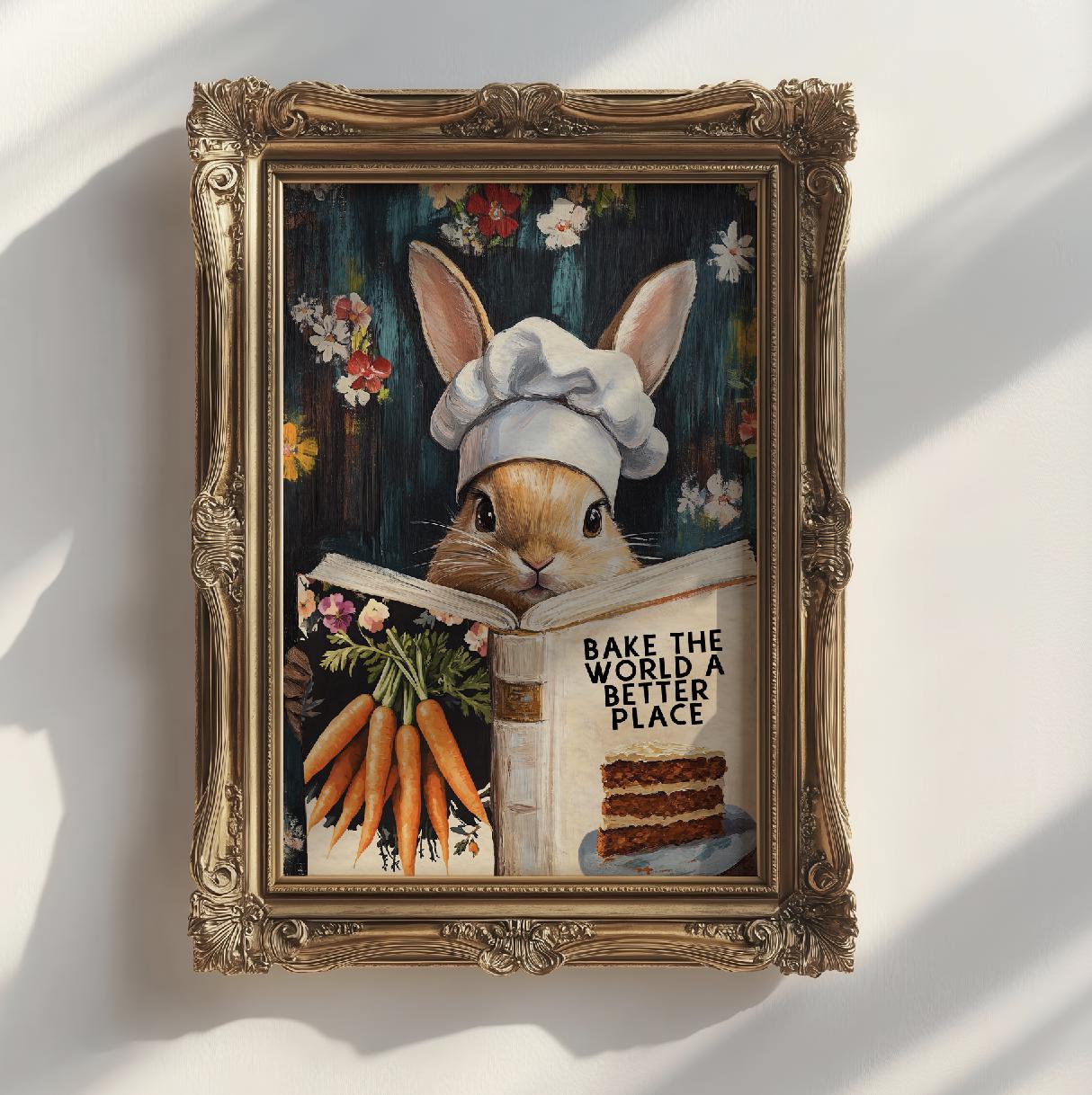 Whimsical Rabbit Reading “bake the World a Better Place” – Funny ...