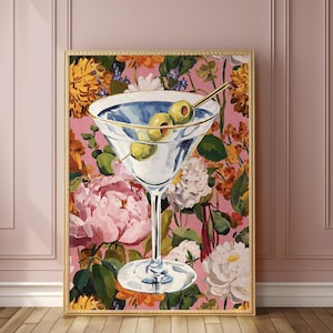 Elegancki kwiatowy brudny wydruk artystyczny Martini: kobiecy wystrój wózka barowego, plakat z ilustracją koktajlową