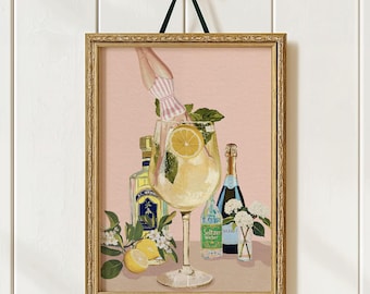 Hugo Spritz Cocktail Art Print: Retro Aperitif Wall Decor for Mid-Century Bar Enthusiasts