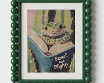 Snake Reading Book Wall Art Print | Whimsical Reptile Bookworm Gift | Library Literary Decor | Small But Mighty