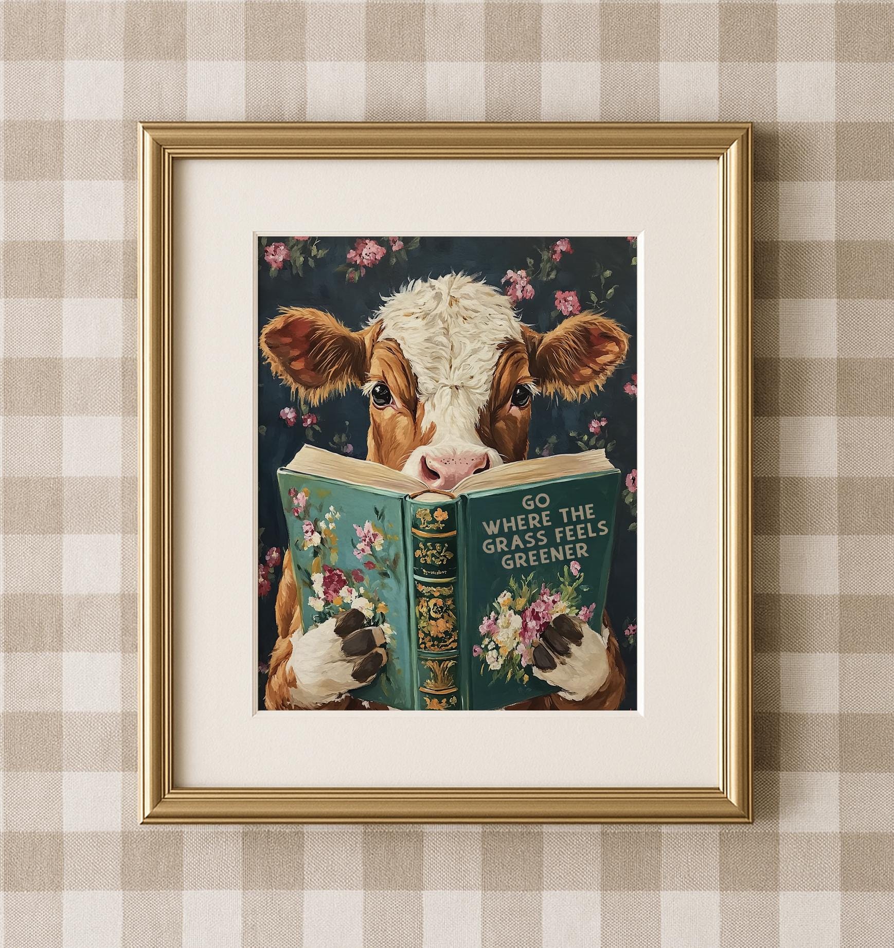 Whimsical Cow Reading Book – Funny Farm Kitchen Wall Art - Rustic Decor ...