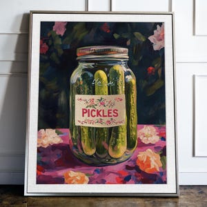 Lebhaftes Blumengesteck-Gurkenglas Gemälde - Küchen Wand Kunst Druck, Retro Food Poster, Bunt Esszimmer Dekor