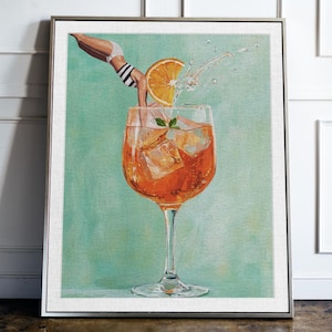 Lebhafter Aperol Spritz Retro Kunstdruck: Bar Dekor Cocktail Poster mit springendem Mädchen (ohne Rahmen)