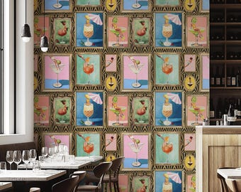 Mid-Century Retro Bar Cocktail Wallpaper: Peel & Stick or Traditional Large Print for Lounge Decor