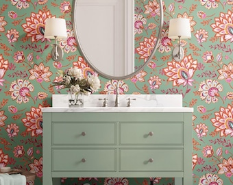 Bohemian Whimsy Floral Meadow Preppy Green Wallpaper - Peel and Stick or Traditional - Folk Hand Painted Vintage Inspired Decor