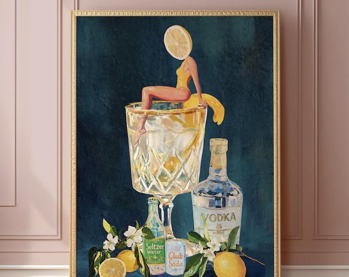 Lemon Vodka Seltzer Art Print: Refreshing Cocktail Wall Poster for Bar Cart & Kitchen Decor